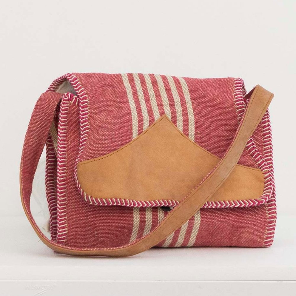 Cross body jute cotton hand loomed/goat leather